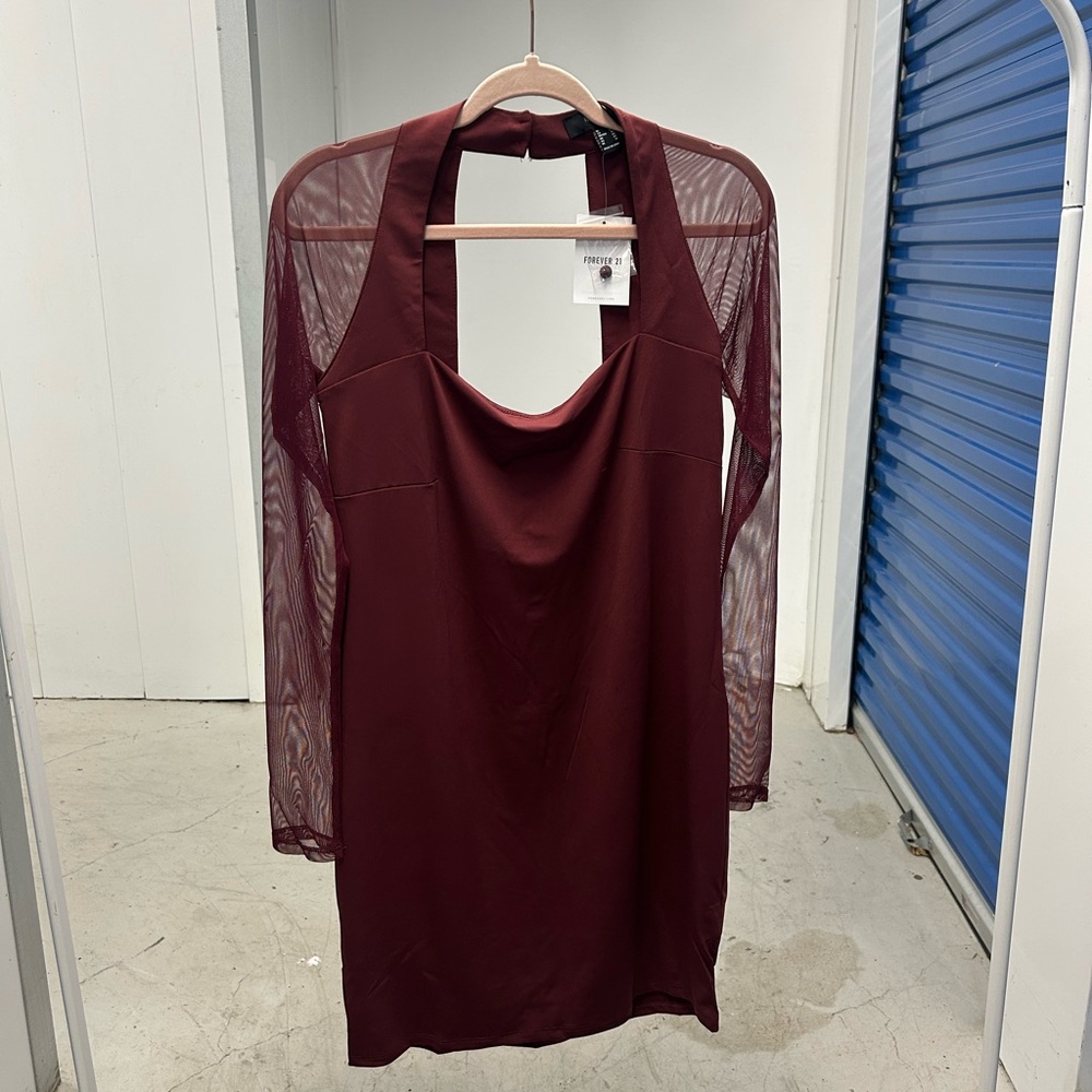 Elegant Burgundy Dress with Sheer Sleeves